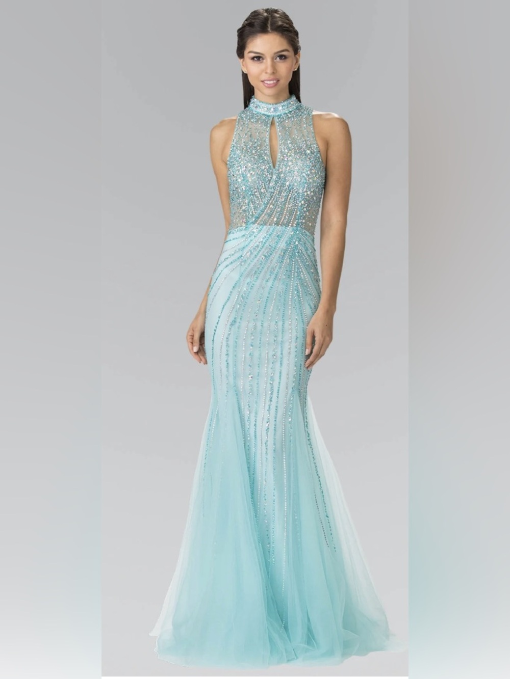 Aqua High-Neck Beaded Prom Gown